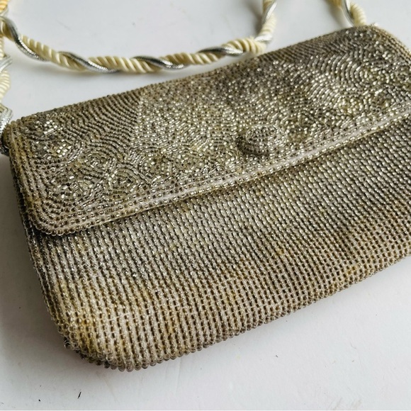 Vintage "RICHERE" Beaded Purse Evening Bag Silver Gold 1960's Hand Made in Japan - Picture 5 of 16